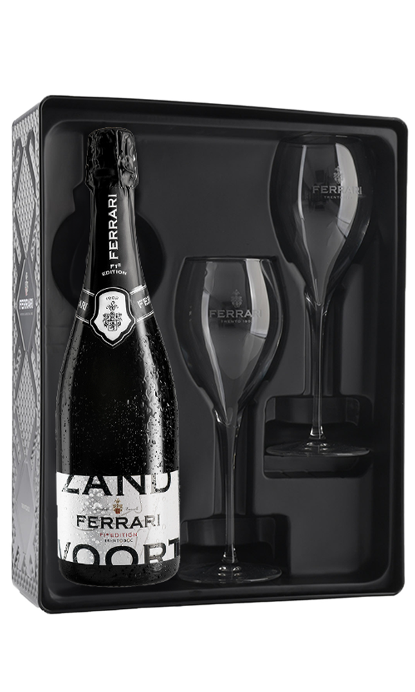 Ferrari, Trento DOC Black tin Gift box 1 fles Zandvoort + 2 flûtes nvt - 0,75 l