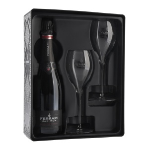 Ferrari, Trento DOC Black tin Gift box 1 fles Maximum Brut + 2 flûtes nvt - 0,75 l