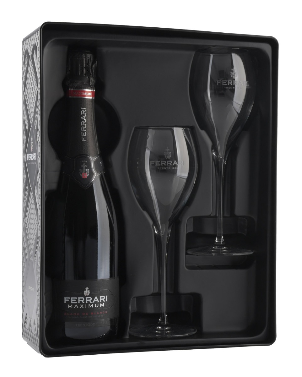 Ferrari, Trento DOC Black tin Gift box 1 fles Maximum Brut + 2 flûtes nvt - 0,75 l