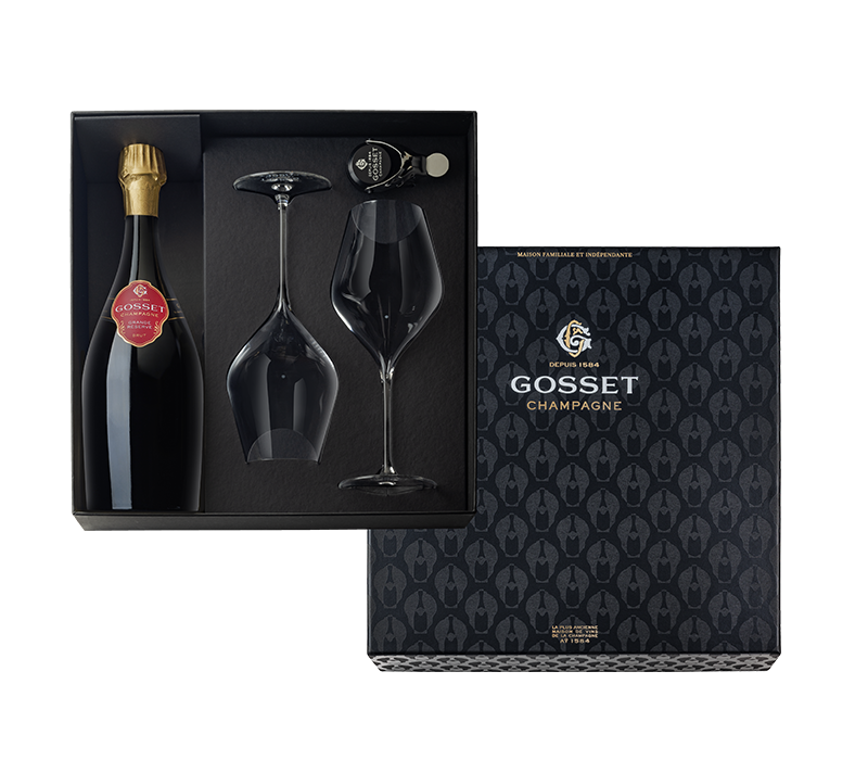 Champagne Gosset, Giftbox incl. 1 fles Grande Reserve, 2 flûtes en 1 bottlestopper nvt - 0,75 l